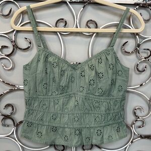 Hollister Cottagecore Sage Green Eyelet Spaghetti-Strap Cami Top